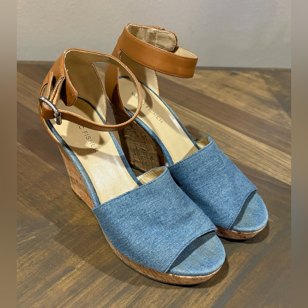 Marc Fisher Wander Denim Cork Wedge Sandals Size 8.5